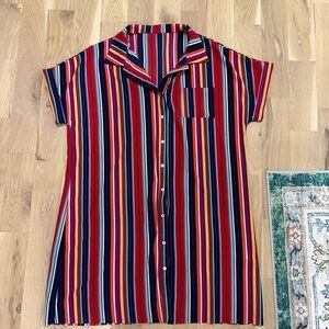 Vintage Bright Multi-Stripe Rainbow Button-Front Shirt Dress